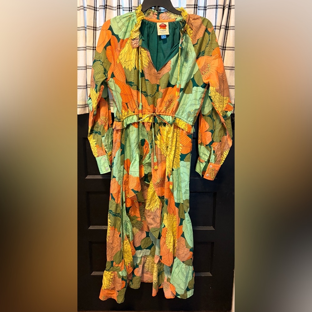 Farm for Anthropologie Multicolor Floral Plant Print Ruffle Long Sleeve Dress